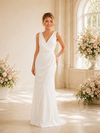ChicSew Unique V-Neck Sleeveless Ruched Crepe Mermaid Floor-Length Wedding Dress