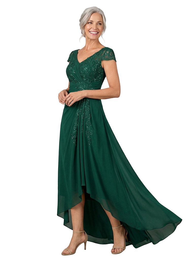 ChicSew V-Neck Cap Sleeves Lace Applique Sequin Ruched A-Line Chiffon Fancy Mother of the Bride Dresses