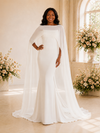 ChicSew Simple Mermaid Crepe Long Wedding Dress With Chiffon Cape Sleeves