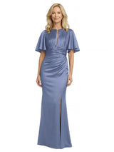 Elegant Flutter Sleeves Satin Side Slit Mermaid Floor-Length Mother Of The Bride Dresses