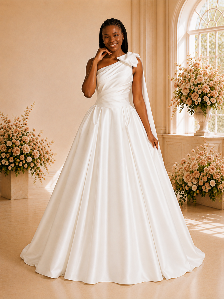 ChicSew Elegant One Shoulder A-Line Ruched Satin Maxi Long Wedding Dress With Bow