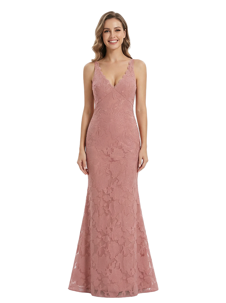 Elegant V-Neck Ruching Floral Burnout Chiffon Mermaid Formal Evening Dresses