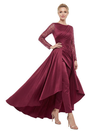Chicsew Mother Of The Bride Dresses Jewel Long Sleeves Satin High-Low Gown Elegant