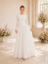 ChicSew Elegant Bateau Long Sleeves Chiffon A-Line Floor-Length Wedding Dresses