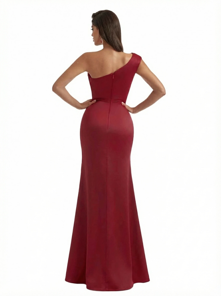 Sexy One Shoulder Side Slit Silky Satin Mermaid Maxi Formal Gowns For Wedding