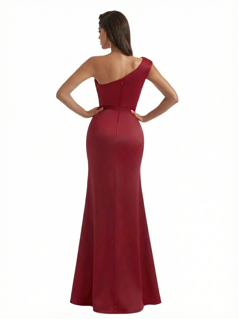 Sexy One Shoulder Side Slit Silky Satin Mermaid Maxi Formal Gowns For Wedding