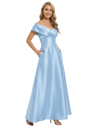 Chicsew Elegant Off Shoulder Ruched Floor-Length Satin A-Line Mother Of The Bride Dresses