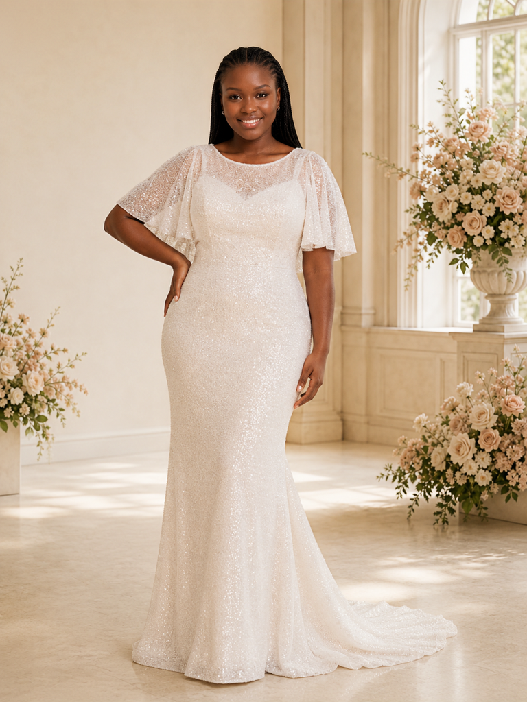 ChicSew Fancy Flutter Sleeves Glitter Tulle Mermaid Long Wedding Dress