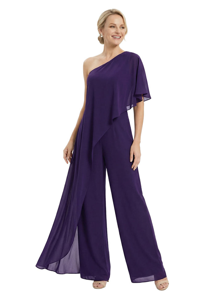 Elegant One Shoulder Chiffon Mother Of The Bride Pantsuit Formal Wedding Attire