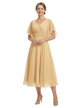 ChicSew V-Neck Short Sleeves Overlay Layered Chiffon Midi Length Casual Mother of the Bride Dresses