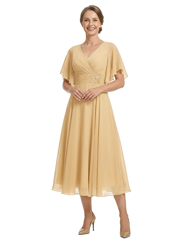 ChicSew V-Neck Short Sleeves Overlay Layered Chiffon Midi Length Casual Mother of the Bride Dresses