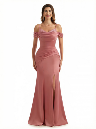 Sexy Cold Shoulder Mermaid Side Slit Silky Satin Maxi Formal Evening Dresses For Women