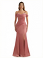 Sexy Cold Shoulder Mermaid Side Slit Silky Satin Maxi Formal Evening Dresses For Women