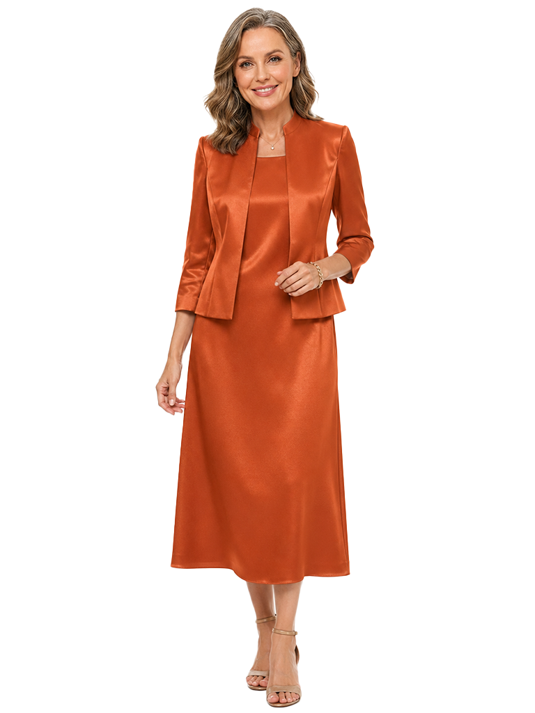 ChicSew Sophisticated Satin Mother Of The Bride Outfit With Jacket Midi Sheath Dress