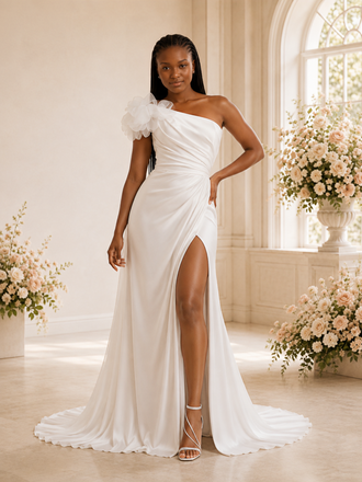 ChicSew Sexy One Shoulder Mermaid Satin Ruched Side Slit Floor-Length Wedding Dress With Floral Applique