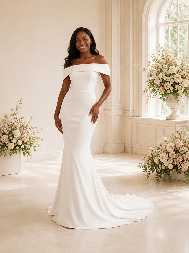 ChicSew Elegant Mermaid Off The Shoulder Crepe Maxi Long Wedding Dress