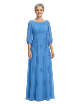 ChicSew Scoop 3/4 Sleeve Ruched Waist Beaded Lace Applique Floor Length Chiffon Fancy Mom Of The Groom Dresses