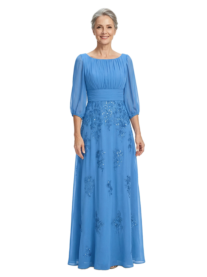 ChicSew Scoop 3/4 Sleeve Ruched Waist Beaded Lace Applique Floor Length Chiffon Fancy Mom Of The Groom Dresses