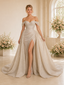 ChicSew Off The Shoulder Side Slit Glitter Tulle Mermaid Long Wedding Dresses With Overskirt