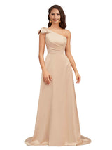 Elegant One Shoulder Asymmetric Soft Satin A-Line Long Bridesmaid Dresses