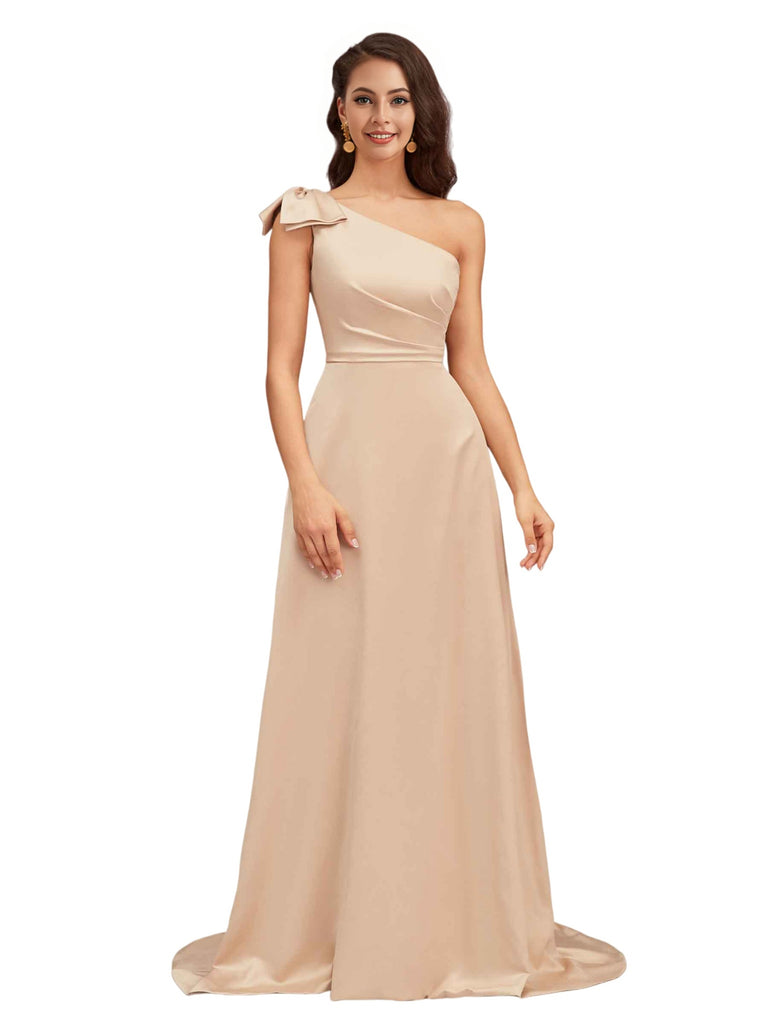 Elegant One Shoulder Asymmetric Soft Satin A-Line Long Bridesmaid Dresses