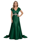 ChicSew Cap Sleeve Pleated V-Neck Mermaid Satin Long Mother Of The Bride Dresses Unique Beaded Waist Overskirt