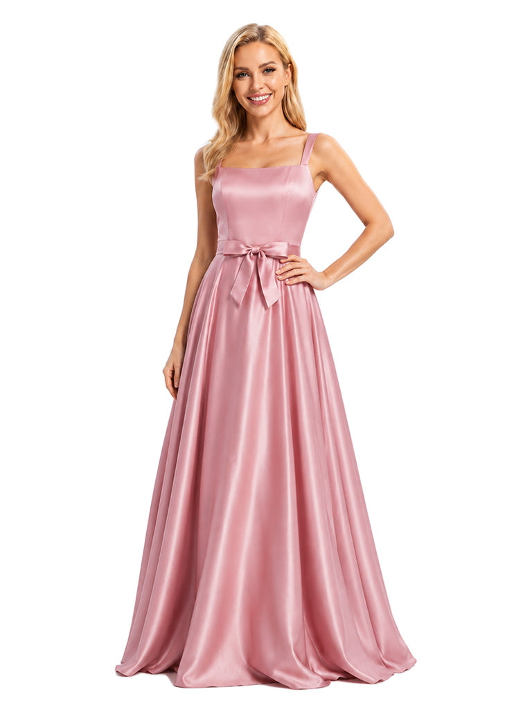 ChicSew Unique Square Neck Bow Tie A-Line Floor Length Satin Flowy Wedding Bridesmaid Dresses