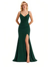 Shiny Spaghetti Straps Side Slit Mermaid Glitter Jersey Maxi Evening Dresses For Ladies