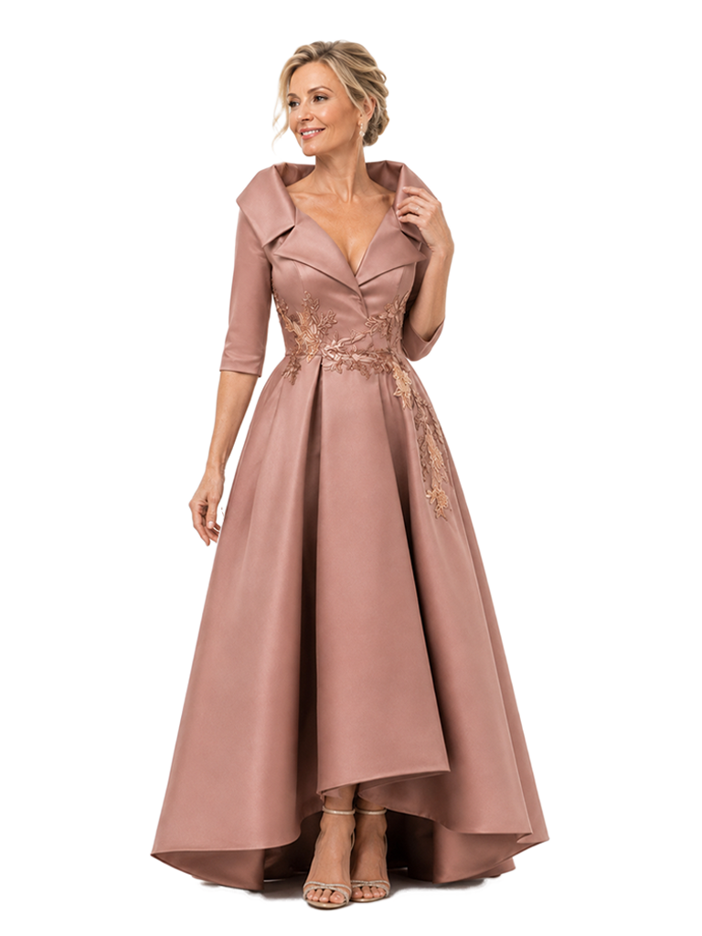 ChicSew V-Neck 3/4 Sleeve Lace Appliques Satin A-Line High-Low Mother of the Bride Dress