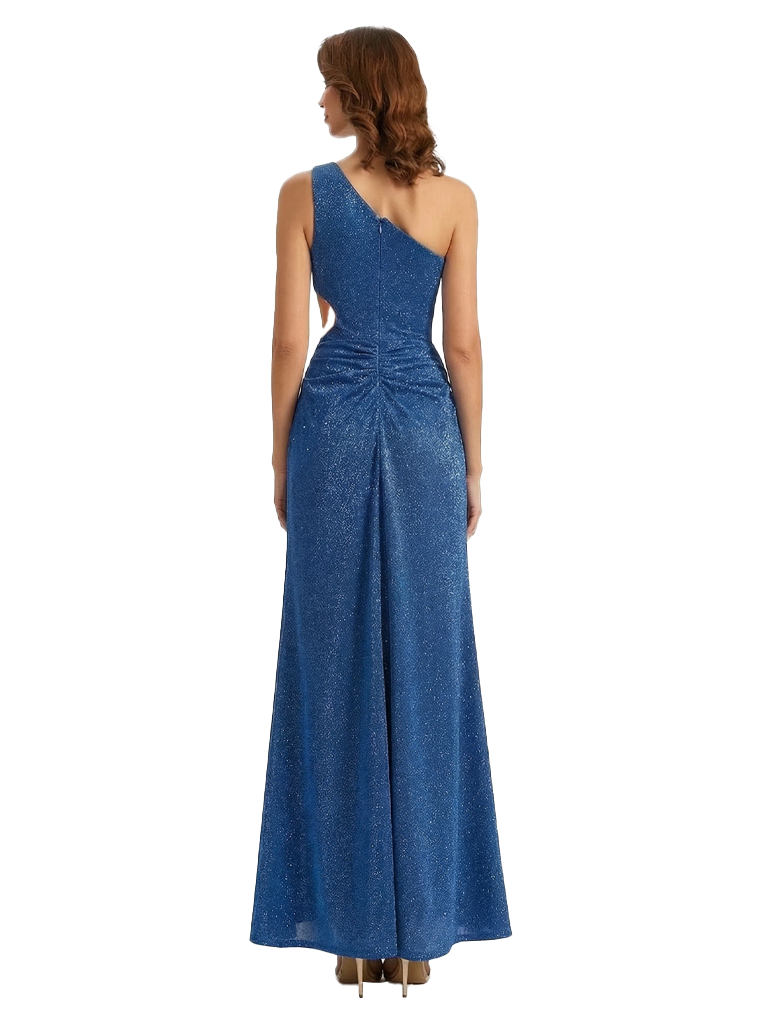 Shiny One Shoulder Mermaid Glitter Jersey Side Slit Maxi Formal Dresses For Women