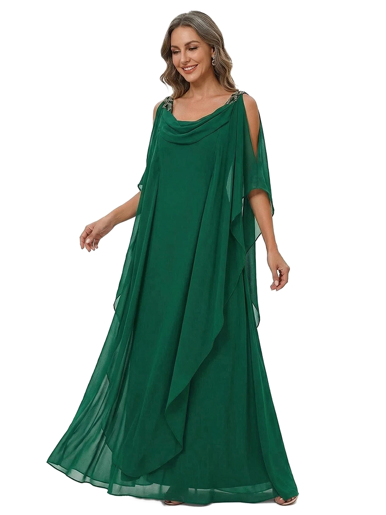 ChicSew Cowl Neck Cold Shoulder Beaded Detail Layered Ruffle Floor Length Chiffon Formal Mother Of The Bride And Groom Dresses