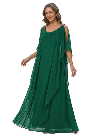 ChicSew Cowl Neck Cold Shoulder Beaded Detail Layered Ruffle Floor Length Chiffon Formal Mother Of The Bride And Groom Dresses