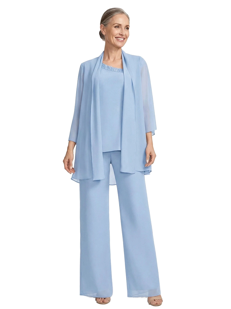 ChicSew Unique Three Piece Chiffon Mother Of The Bride Pant Suits With Asymmetrical Neckline