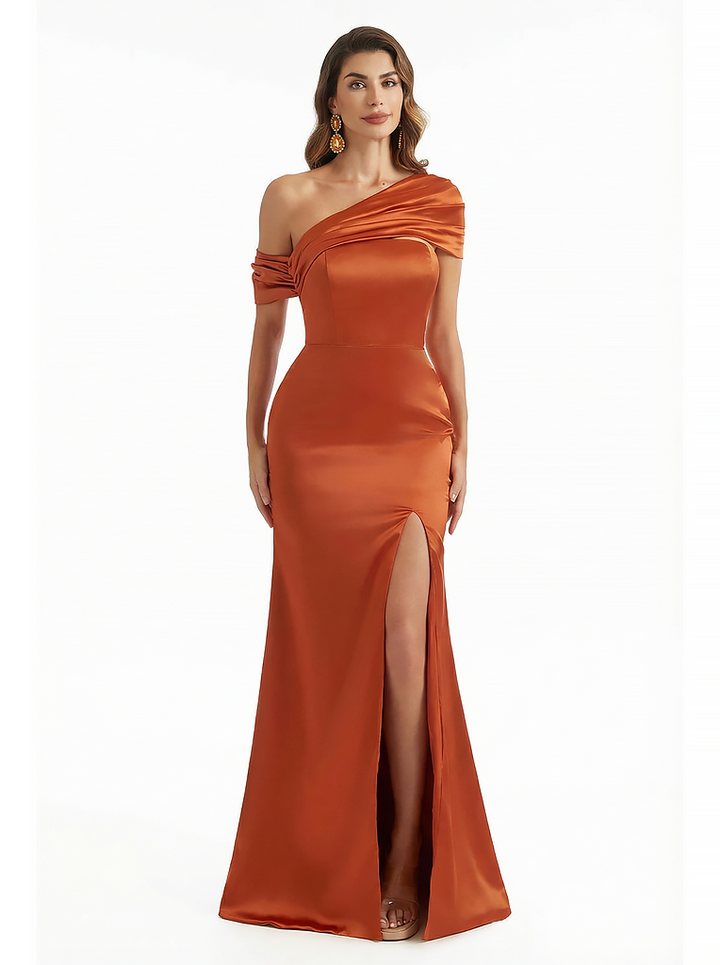 Sexy Mermaid Asymmetric Straps Side Slit Silky Satin Maxi Evening Dresses For Wedding