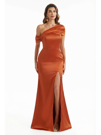 Sexy Mermaid Asymmetric Straps Side Slit Silky Satin Maxi Evening Dresses For Wedding