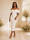 ChicSew Elegant Off The Shoulder Crepe Sheath Tea-Length Wedding Dress