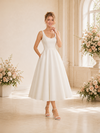 Chicsew Fancy Spaghetti Straps Sleeveless A-Line Tea-Length Crepe Wedding Dress