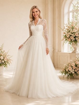 ChicSew Elegant Classy V-Neck Long Sleeves A-Line Lace Tulle Floor-Length Wedding Dress With Applique