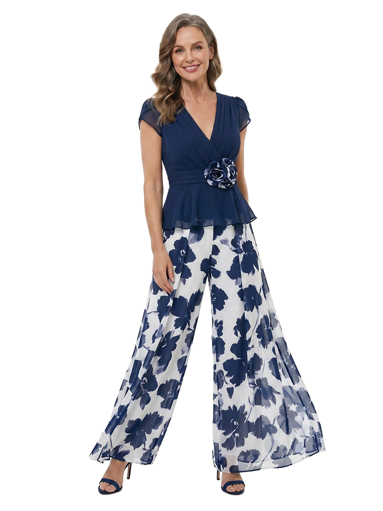 ChicSew Pretty Chiffon V-Neck Jumpsuit For Mother Of The Bride With Flower Detail