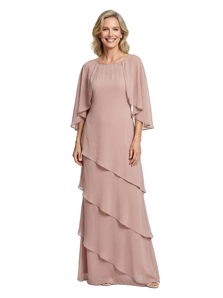 Beautiful Cape Sleeves Tiered Chiffon Beaded Sheath Mother Of The Bride Dress