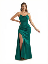 Sexy V-Neck Side Slit Spaghetti Straps Silky Satin Mermaid Long Formal Dresses