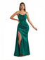 Sexy V-Neck Side Slit Spaghetti Straps Silky Satin Mermaid Long Formal Dresses