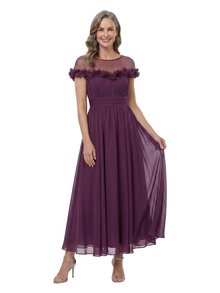 ChicSew Illusion 3D Floral Chiffon Tea‑Length Mother of the Bride Dress Short Sleeve Formal Party Gown