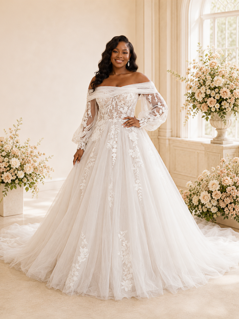 ChicSew Elegant Off The Shoulder Long Sleeves A-Line Tulle Maxi Wedding Dress With Lace Appliques