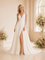 Modern Classy A-Line Side Slit Floor-Length V-Neck Lace Long Sleeves Crepe Wedding Dresses