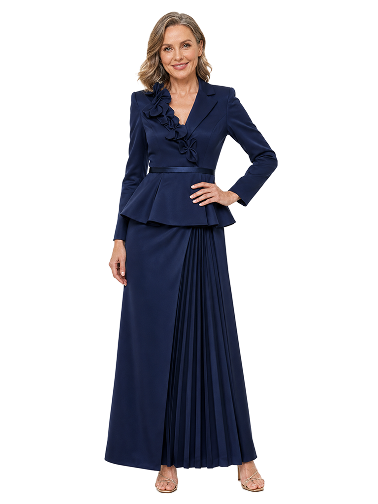 ChicSew Stylish Long Sleeve Peplum Satin Pleated Floor Length Formal Mother Of The Groom Dress