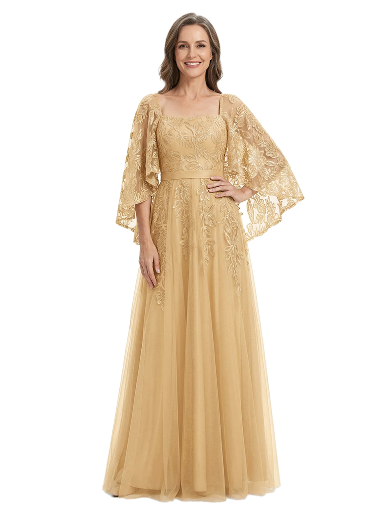 ChicSew Unique Square Neck Mother Of The Bride Dress With Flutter Cape Sleeves And Floral Lace