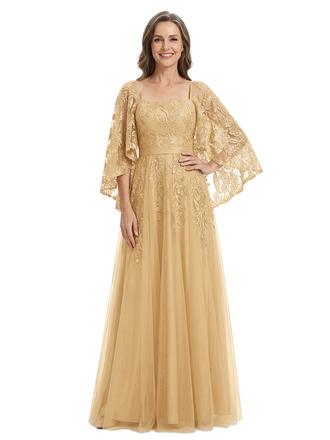 ChicSew Unique Square Neck Mother Of The Bride Dress With Flutter Cape Sleeves And Floral Lace