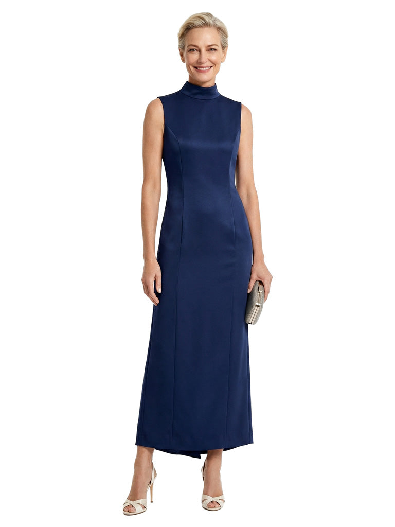 Unique High Neck Sleeveless Sheath Classy Satin Mother of the Groom Evening Dress