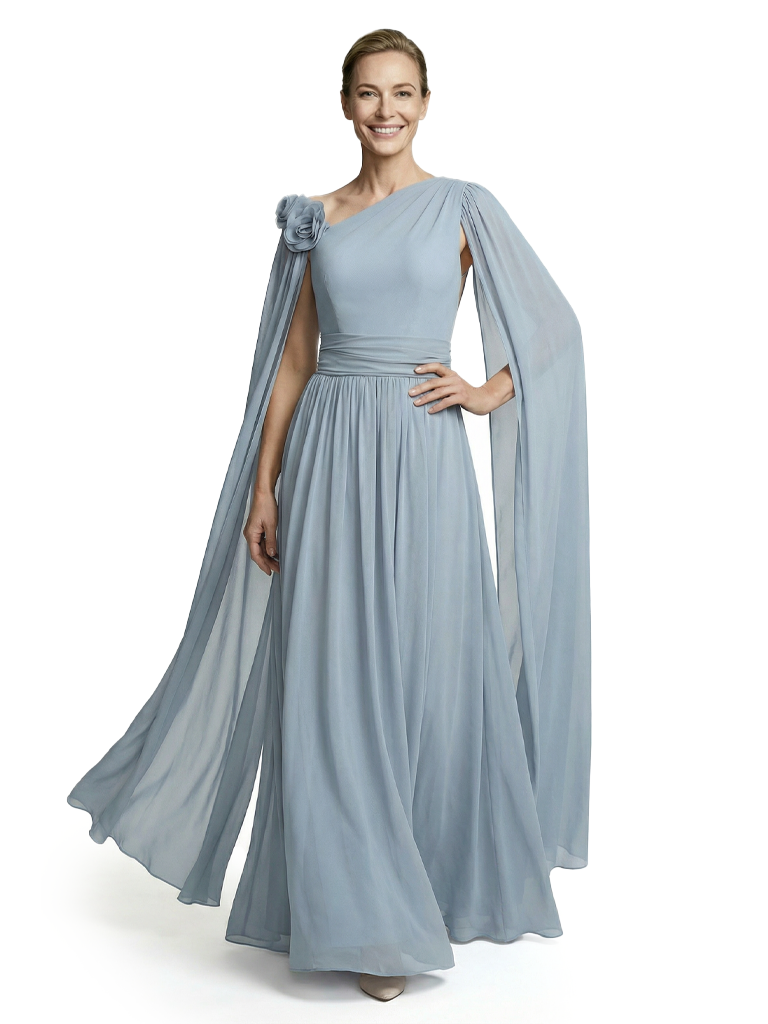 One Shoulder Chiffon Mother Of The Bride Dress Cape Sleeves Floor-Length Gown Formal Wedding Attire